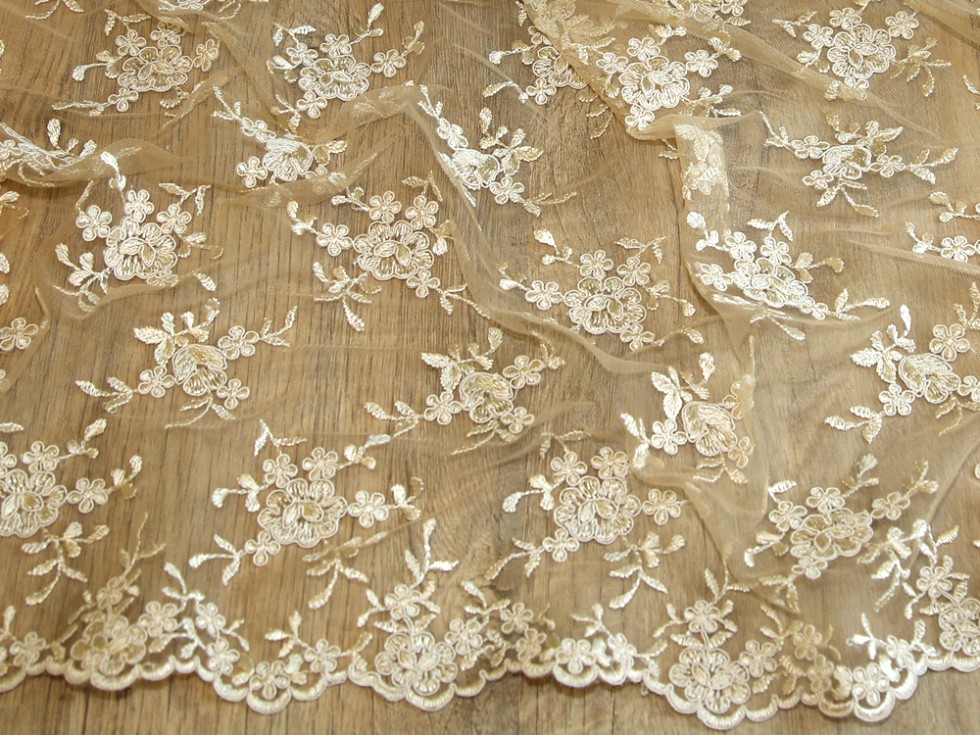 Embroidered Scalloped Edge Couture Bridal Lace Fabric (MVHH4ChampagneM)