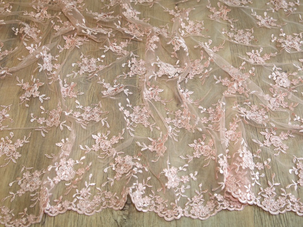 Embroidered Scalloped Edge Couture Bridal Lace Fabric (MVHH4Champagne