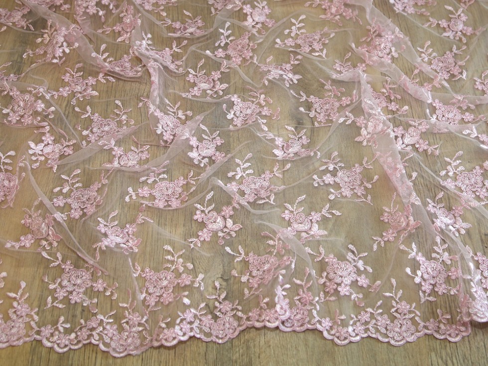 Embroidered Scalloped Edge Couture Bridal Lace Fabric (MVHH4Champagne