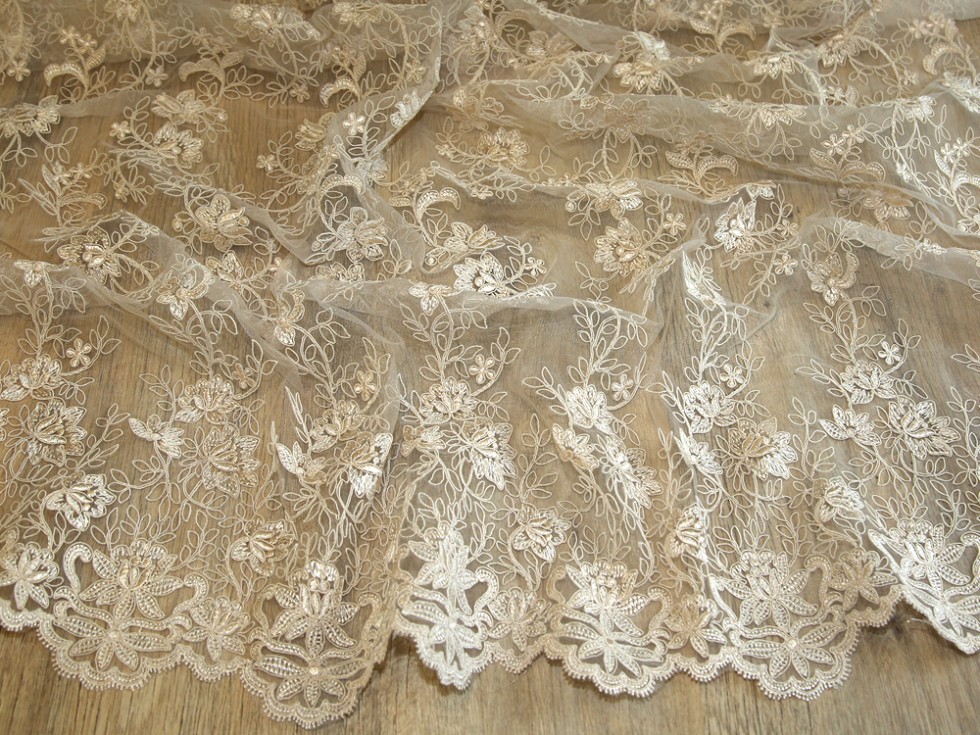 Corded & Embroidered Scalloped Edge Couture Bridal Lace Fabric (MV