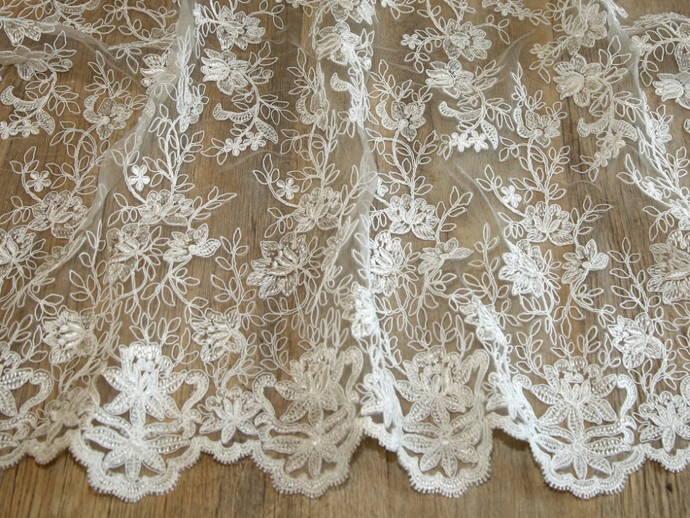 Corded & Embroidered Scalloped Edge Couture Bridal Lace Fabric (MV